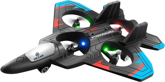 Zwarte straaljager drone met blauwe vleugelranden, rode/groene accenten en LED-verlichting.