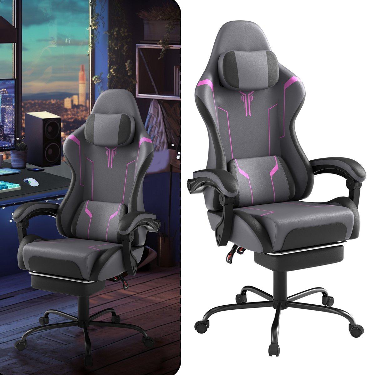 Aufun gaming stoel – ergonomische computerstoel met massage – bureaustoel met lendenkussen en voetensteun – gewatteerde armleuningen en hoofdsteun – grijs, zwart, paars