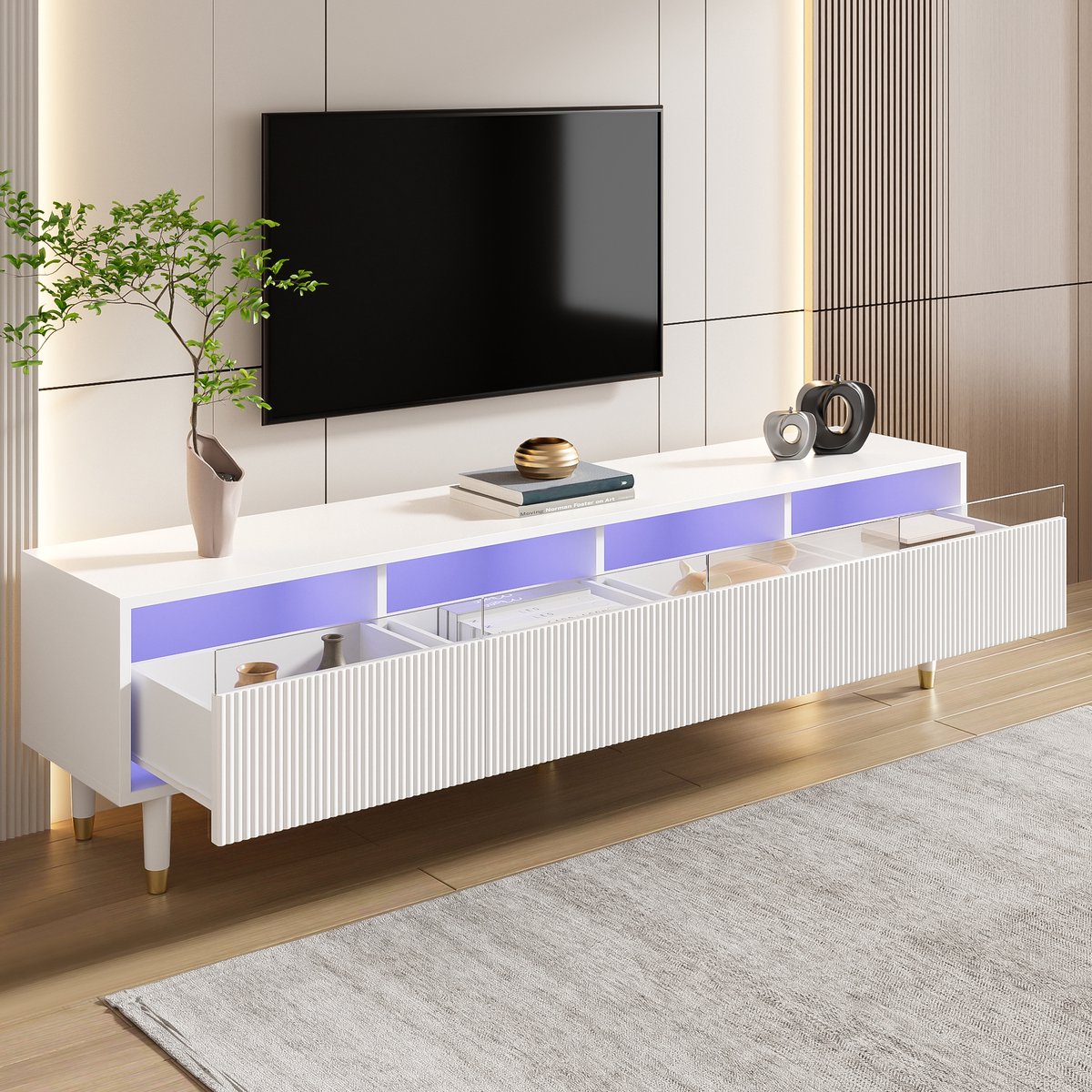 HAUSS SPOLE Tv-Meubel - Wit Minimalistisch Met 4 Lades En Kabelmanagement - Voor 55–75 Inch Tv - MDF - 178x35x45 cm - Wit - Draagkracht 50 kg