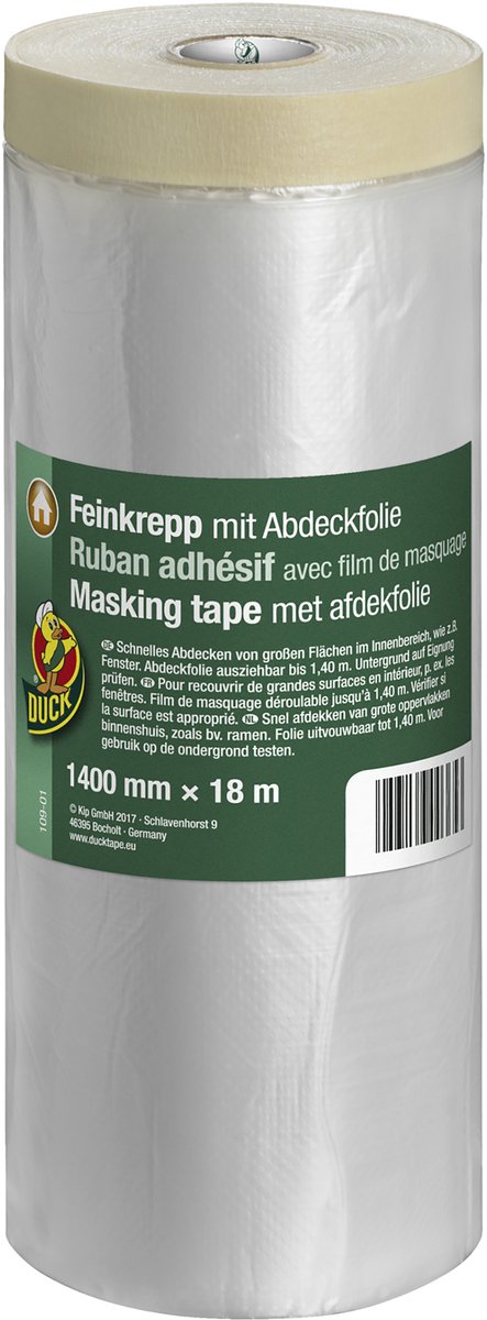 Duck Masking Tape/Afdekfolie - Afplaktape met Papieren Draagmateriaal - Geschikt voor Gladde Ondergronden Binnenshuis - Voor Schilder- en Afdekwerkzaamheden - 1400 mm x 18 m - Beige/Transparant