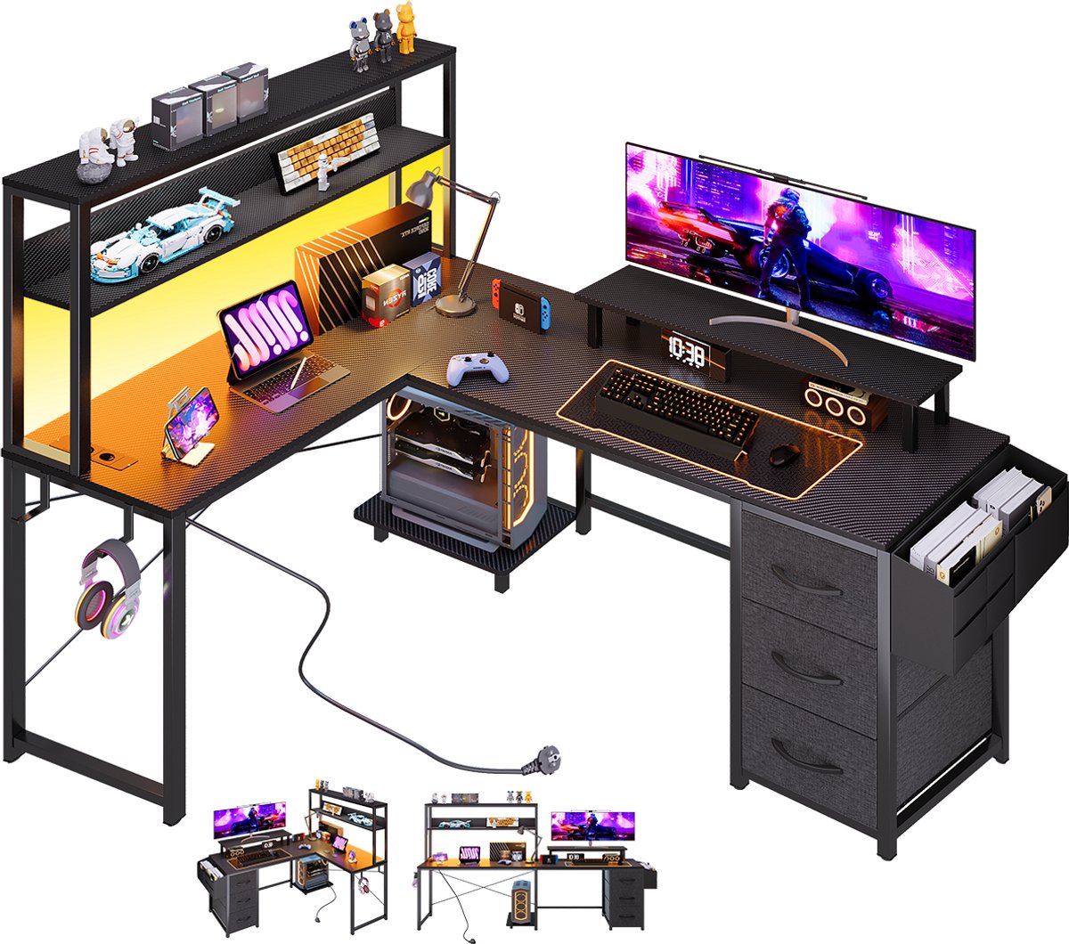 Gaming Bureau met LED Verlichting - 148x100x148 cm - L-Vormig Hoekbureau met Stopcontact - 3 Non Woven Lade - Gaming Desk - Computer Tafel - Gaming Tafel - met Opbergplanken, Tas & IJzeren Haak - Zwart - Bureau voor Gamen, Studeren en Werken
