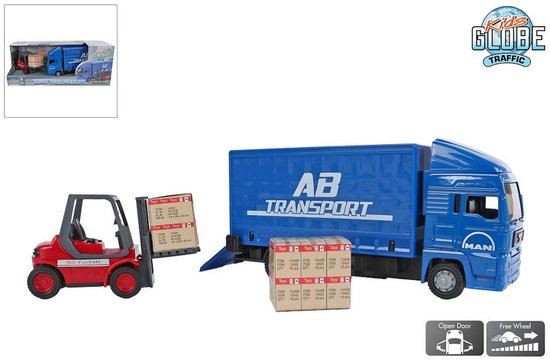 Blauwe vrachtwagen met 'AB TRANSPORT' opdruk en rode heftruck die dozen laadt.