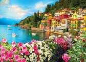 Het Comomeer in Italië, met kleurrijke huizen op een heuvel aan het water, omringd door weelderige bomen en bloemen.