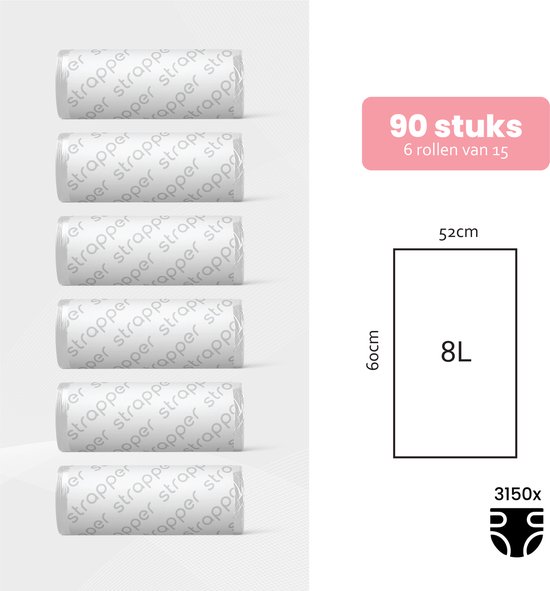Zes rolletjes van 15 Strapper vuilniszakken, 8 liter, 60x52cm. 90 stuks.