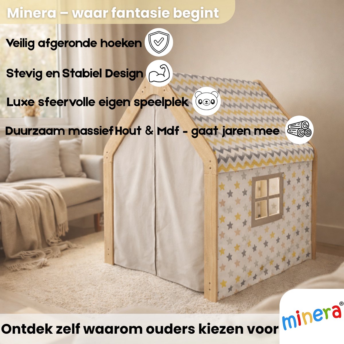 Minera® Tipi Tent - Speeltent - Jongens & Meisjes - Binnen Speelgoed - Speelhuisje voor Kinderen - Houten Kinderhuisje - Kindertent vanaf 1 tot 7 Jaar - Geel met Blauw — afbeelding 7
