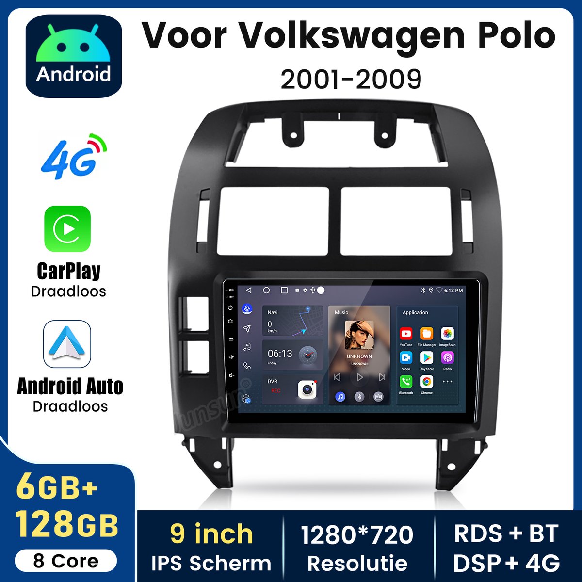 Hexinex Octa-Core autoradio Geschikt voor VW Polo 2001-2009 - Draadloos CarPlay, Android Auto, multimediaspeler, 6GB+128GB