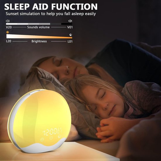 Wake Up Light - Lichtwekker - Digitale wekker - Digitale Wekker met lamp - Nachtlamp - 7 kleuren LED - Gesimuleerde zonsopgang lamp - Bedlamp - Lichttherapielamp - Elektronische tijdsaanduiding - Wekker - Pasen - Wit van Wake-up Light — afbeelding 4