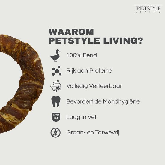 Gedroogde eendenhuid ring van 7,5 cm, 100% Eend, Rijk aan Proteïne, Volledig Verteerbaar, Bevordert Mondhygiëne, Laag in Vet, Graan- en Tarwevrij.
