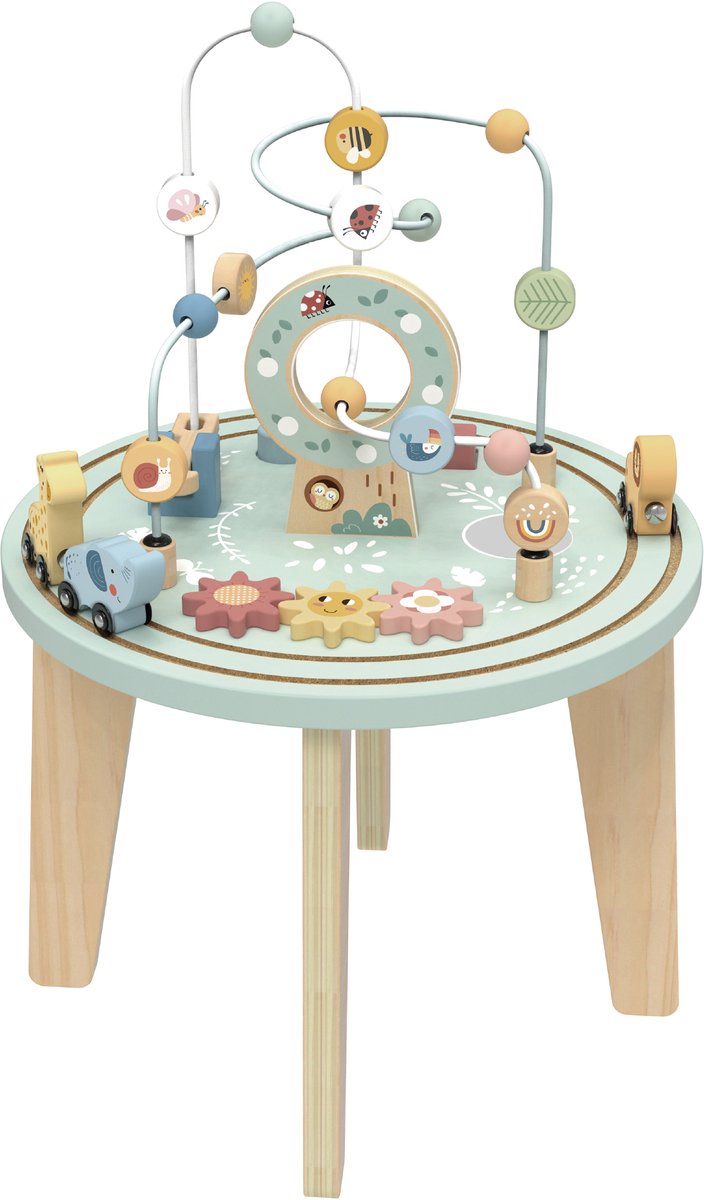 Houten Activiteitentafel voor Baby & Peuter – Motoriek Speeltafel met Kralenbaan – Ø40 × 56,6 cm – Pastelkleuren