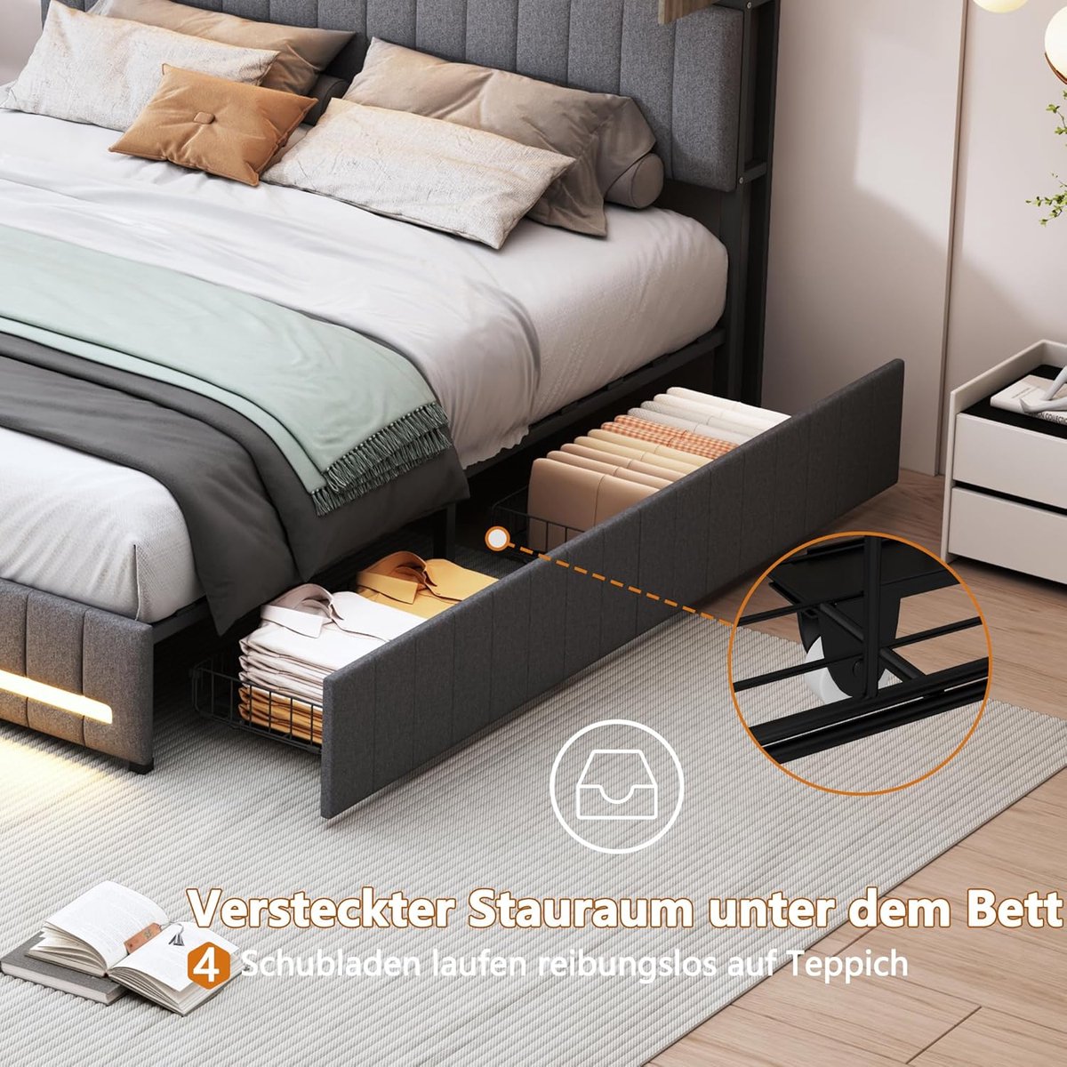 Gestoffeerd Bed 160x200 cm met LED & USB – Velvet Aura Smart Bed met Opbergruimte, Hoofdbord met Oplaadfunctie, 4 Lades, Lattenbodem, Fluwelen Tweepersoonsbed – Pauwhome