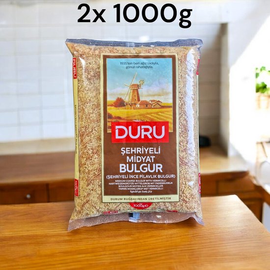 Duru Middelgrof Midyat Bulgur met Vermicelli – 2 x 1000 g | Volkoren Tarwebulgur | Gezond, Vezelrijk & Authentiek - Sehriyeli Midyat bulgur - Medium-Coarse Midyat Bulgur with Vermicelli | Whole Wheat Bulgur | Healthy, High-Fiber & Authentic