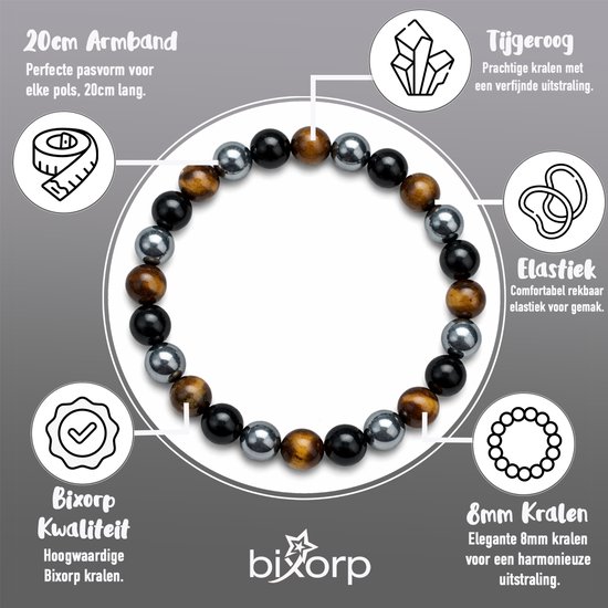 Overzicht van een 8mm armband met onyx, tijgeroog en hematiet kralen, met teksten over lengte, stijl en kwaliteit.