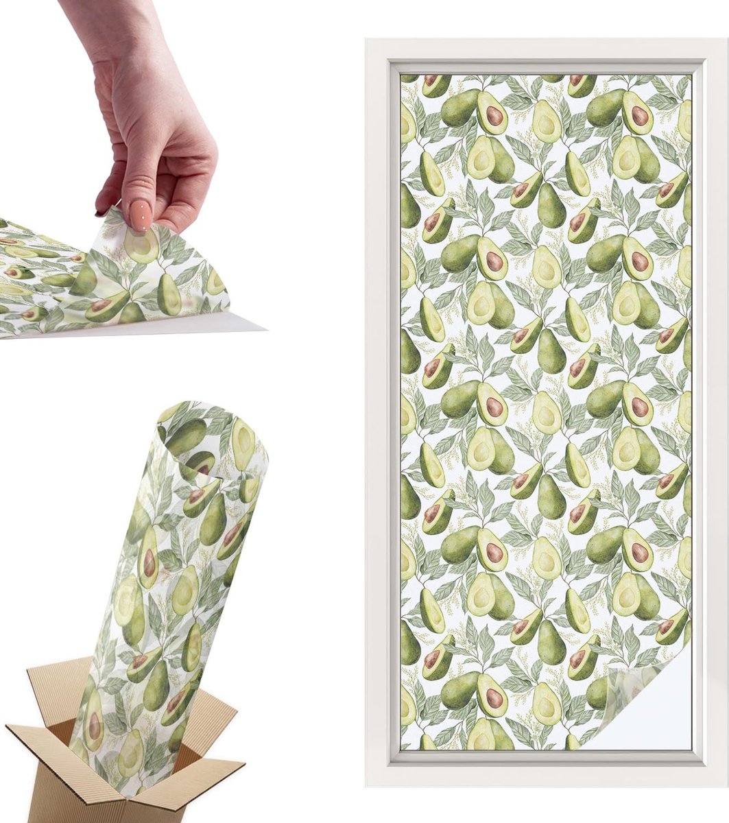 TULUP Raamfolie Anti inkijk - Avocadobladeren Privacy Folie Raam - 50x116 cm - Groente Anti inkijk Folie - Raamfolie Tegen inkijk Glas in Lood - Voor de keuken, hal en woonkamer - Raamfolie Zonwering Groente - Avocadobladeren