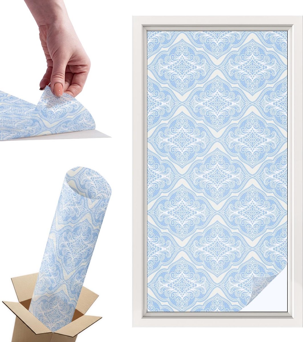 Tulup Raamfolie Anti inkijk - Bloemenornament Privacy Folie Raam - 50x100 cm - Blauw Anti inkijk Folie - Raamfolie Tegen inkijk Glas in Lood - Voor de slaapkamer, woonkamer en hal. - Raamfolie Zonwering