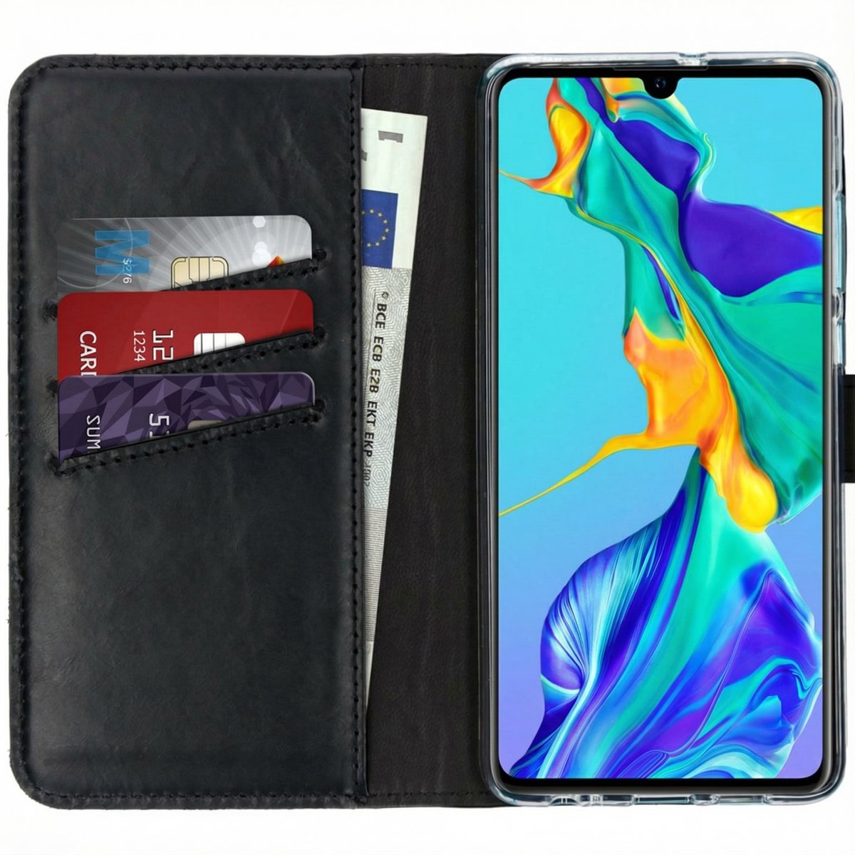 Selencia Hoesje - Geschikt voor Huawei P30 - Echt Lederen Bookcase - Zwart