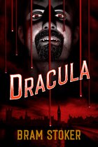 Boekomslag 'Dracula' van Bram Stoker met een griezelige man met bloed om zijn mond en rode ogen, tegen een achtergrond van Londense gebouwen.