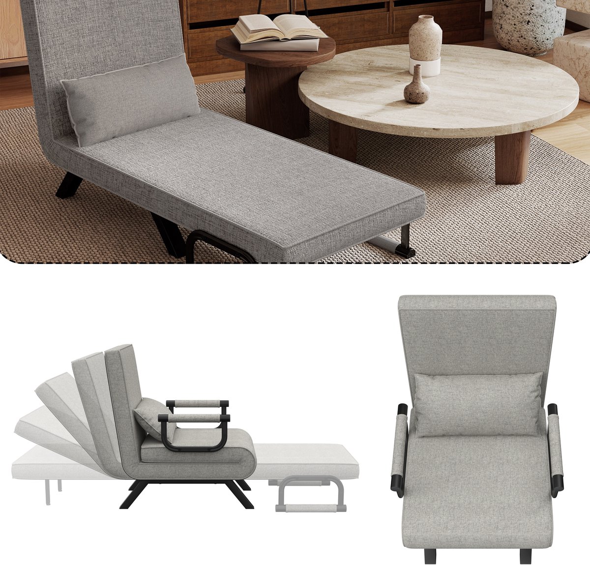 Aufun Slaapstoel 3-in-1 – Klapbare Slaapbank Met Bedfunctie – Verstelbare Rugleuning – Inclusief Armleuning En Kussen – Sofa Voor Woonkamer Of Slaapkamer – Lichtgrijs