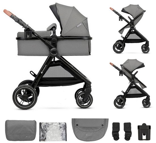 Kinderkraft ESME 2-in-1 Kinderwagen – Combi Wieg & Wandelwagen – Inclusief Autostoeladapters – Grote Lekvrije Wielen – Tot 25 kg - Grijs