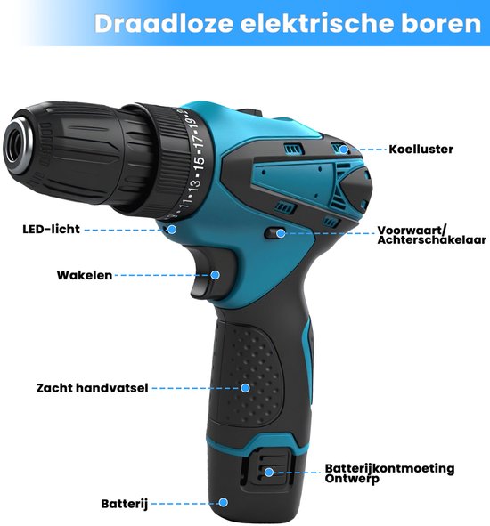 Gedetailleerde blauwe en zwarte accu boormachine met labels voor functies zoals LED-licht en batterij.