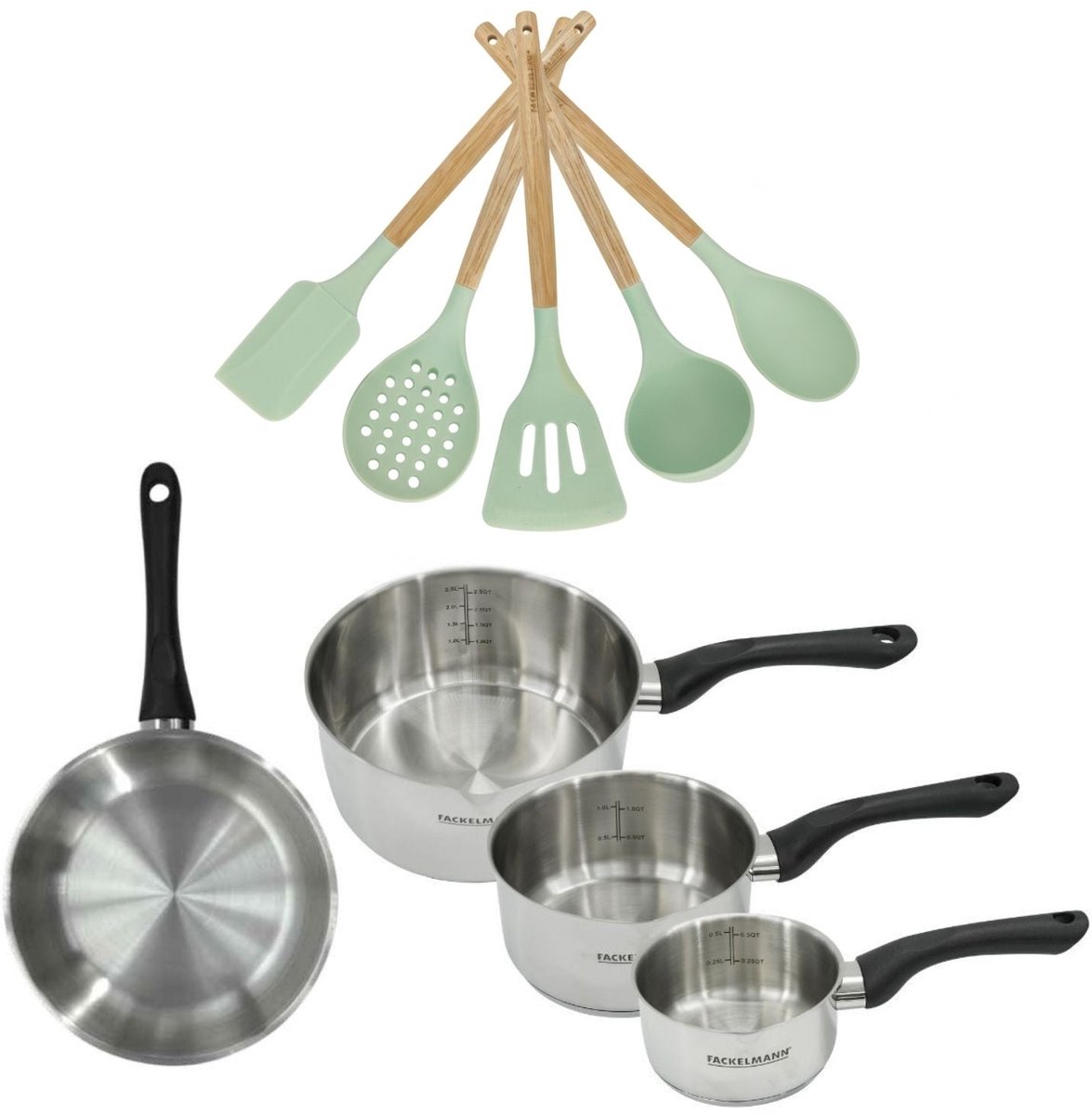 Set 1 Koekenpan 20cm en 3 Kookpannen 12/16/20cm Fackelmann Genève met 5 keukengerei