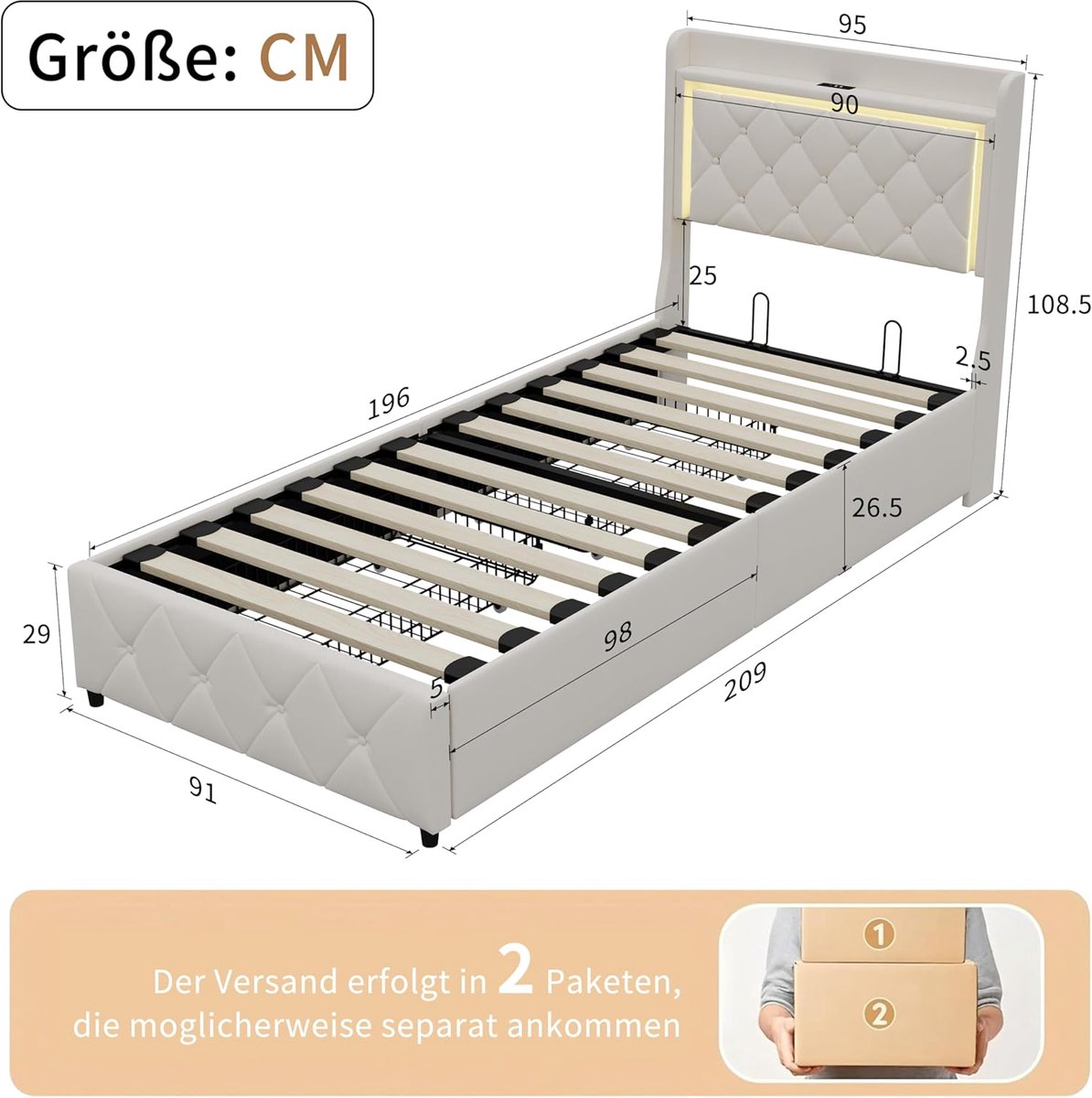 Gestoffeerd Bed 90x200 cm met Opbergruimte, LED & USB – Luna Compact Smart Bed met Schubladen, Hoofdbord met Oplaadfunctie, Lattenbodem, Beige Fluweel – Pauwhome