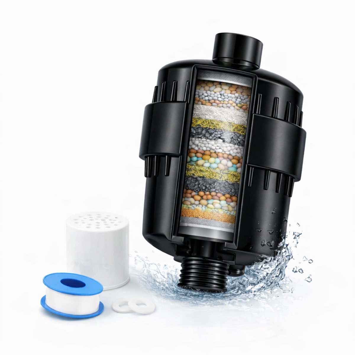 Universele Douchefilter 15 Lagen – Anti Kalk & Chloor – Shower Filter met Vitamine C – Voor Gezonde Huid & Zacht Haar – Inclusief Filter - Zwart