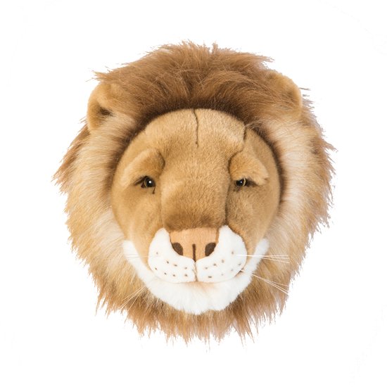 Pluche leeuwenkop van voren gezien, met bruine manen en een witte snuit.
