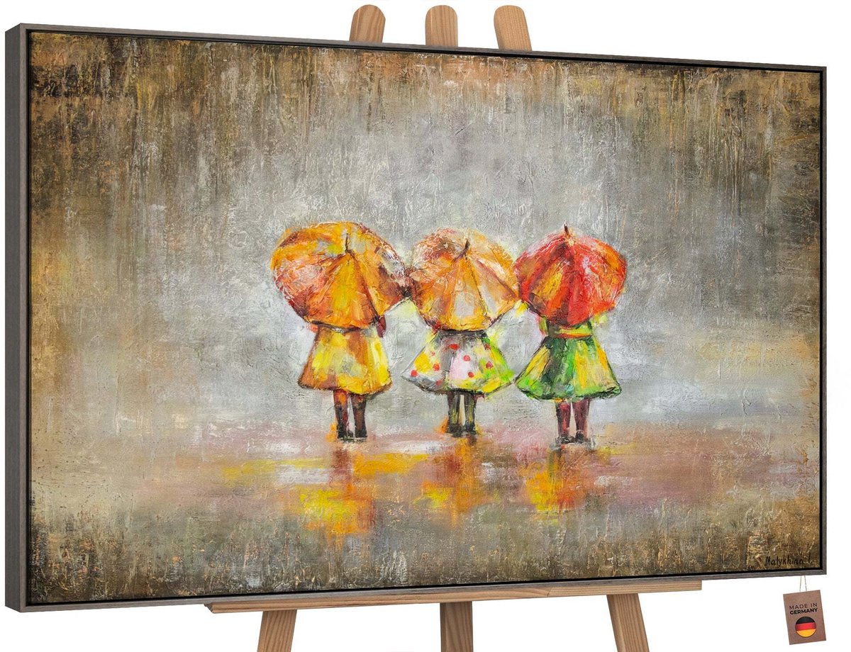 YS Canvas schilderij landschapsformaat handgeschilderd zomerregen regen natuur – YS-Art Gallery – Sfeervol wanddecoratie voor woonkamer – Modern schilderij voor slaapkamer en hal Grey