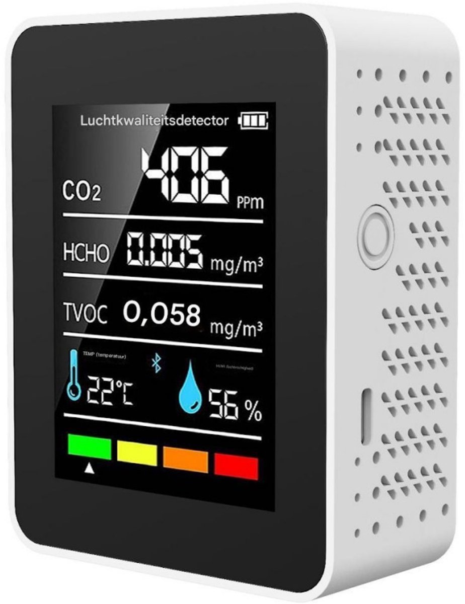 GELLDG Koolstofdioxidedetector - 5-in-1 - Luchtkwaliteitsdetector voor binnen - Formaldehydedetector - Hygrometer met alarmfunctie - TVOC/HCHO/CO2-luchtkwaliteitsmonitor - Geschikt voor woningen, kantoren en auto's