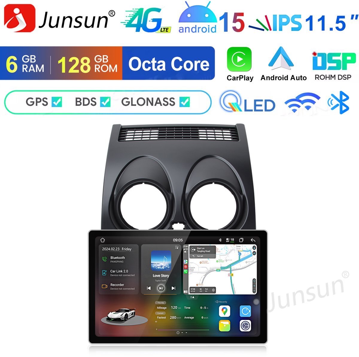 Junsun Android 15 Autoradio Geschikt voor Nissan Qashqai J10 (2007-2016), 6GB+128GB, Draadloze CarPlay, DAB+, GPS-Navigatie, Bluetooth, 11.5-inch Touchscreen, 4G-LTE, DSP, Octa-core processor,2K IPS