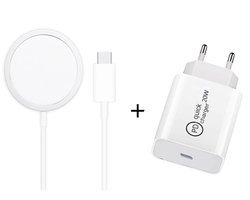 2-in-1 MagSafe Draadloze Oplader + 20W USB-C PD Adapter - 15W Magnetische Wireless Charger lader geschikt voor o.a. iPhone en Samsung - wit