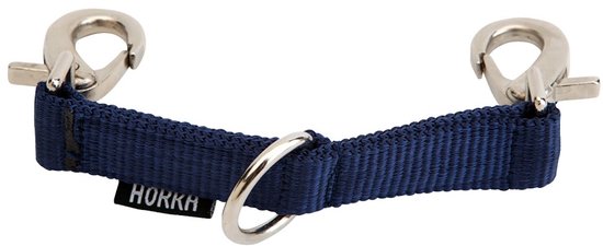 Donkerblauwe Horka longeerhulp met D-ring en metalen clips.