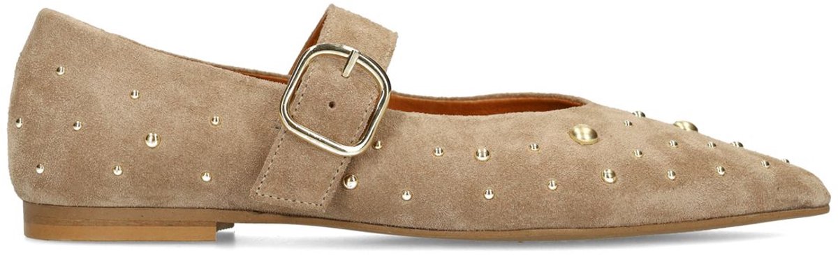 Manfield - Dames - Beige suède loafers met studs - Maat 41