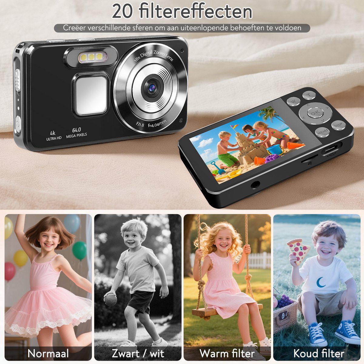 Ericbee Digitale Camera 4K - 64MP Fotokamera - Fototoestel met 2.8 Inch LCD Scherm - 18X Digitale Zoom - Inclusief 32GB SD Kaart thumbnail 2
