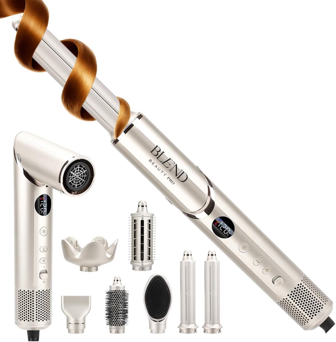Blend Beauty Pro Airstyler - 8 in 1 Multistyler - Fohn met Diffuser - Multistyler - Roterende Krultang - Fohnborstel - Krulborstel - Haarstyler - Haardroger - Stijborstel - Warmteborstel - Hairwrap - 1400W
