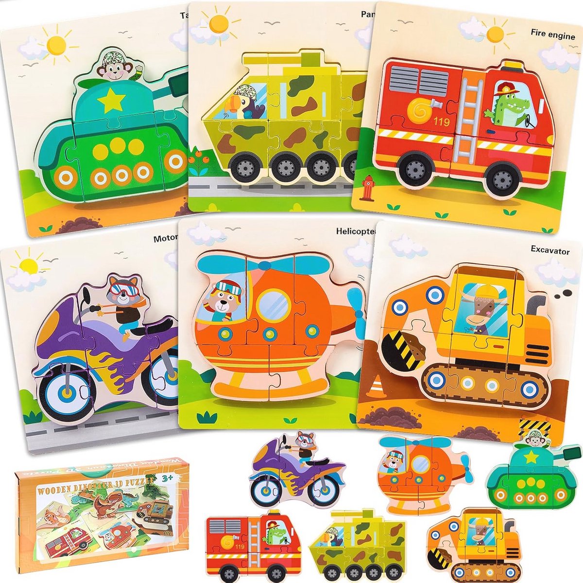 LEcylankEr Puzzel van 1, 2, 3, 6 stuks, houten puzzel voor kinderen, dinosaurus/auto, steekpuzzel 1, 2, 3 jaar, Montessori speelgoed, cadeaus voor jongens en meisjes (auto)