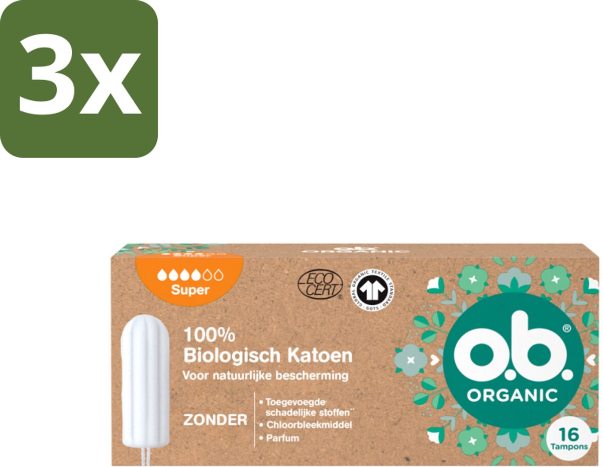 o.b. - Tampons - Organic Cotton Super - 100% Biologisch Katoen - 16 tampons - Bulkverpakking - 3 stuks
