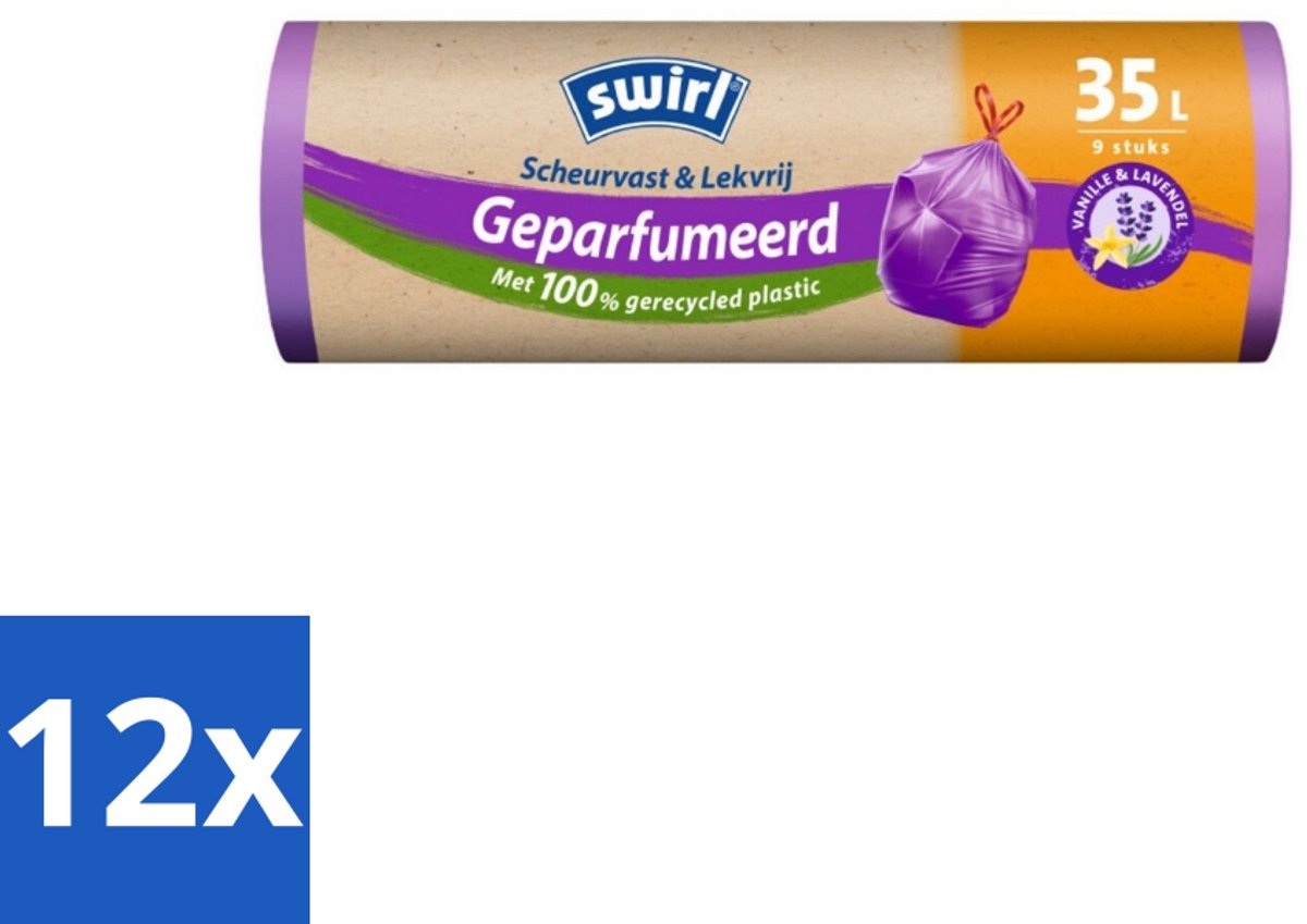 Swirl – Pedaalemmerzakken – Trekband Geparfumeerd Vanille & Lavendel – 35 L – 9 zakken - Voordeelverpakking - 12 stuks