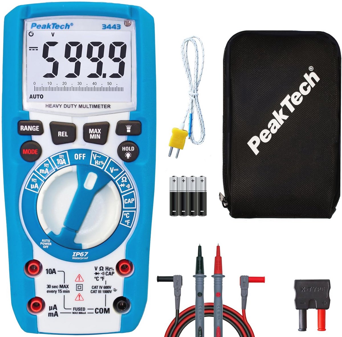 Digitale Multimeter met LED-lamp en IP67 Waterdicht – 6000 Counts, Robuuste Handmultimeter voor Spanningsmeting en Doorgangstest