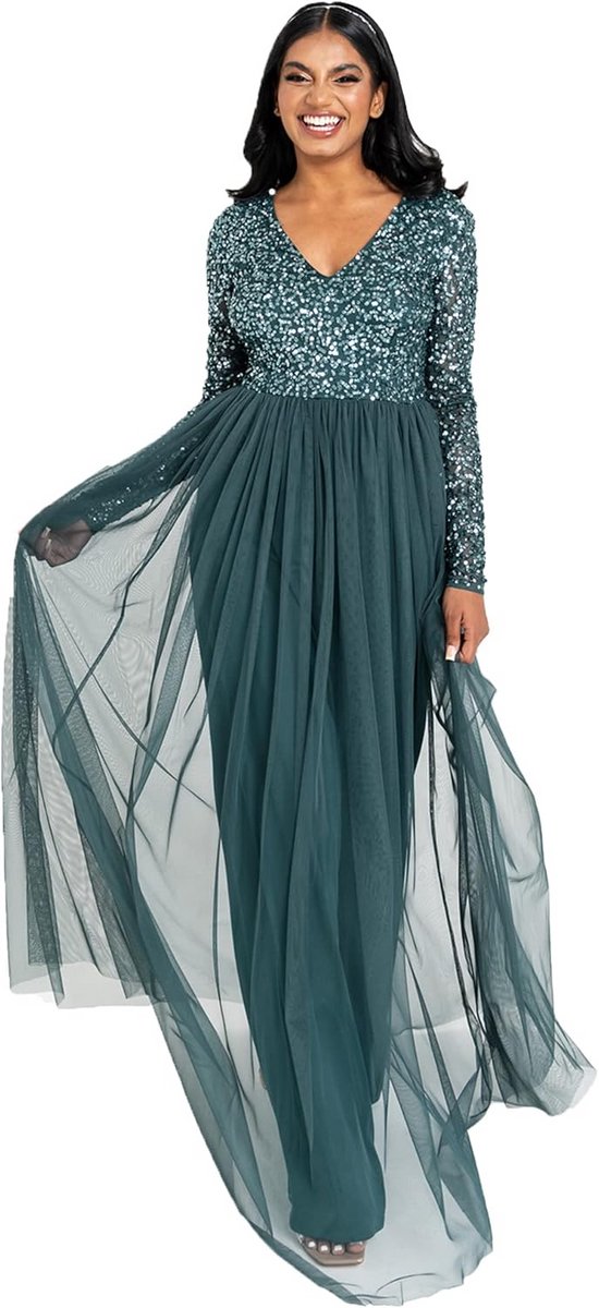 Elegante Maxi Jurk Lange Mouwen Bruiloftsgast V-Hals Empire Taille Avondjurk