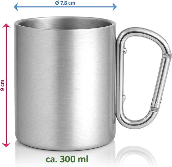 longziming -2x RVS Geïsoleerde Drinkbekers 300 ml - Met Karabijnhaak - Onbreekbare Koffiemokken - Lichtgewicht - Ideaal voor Wandelen, Kamperen & Outdoor — afbeelding 4