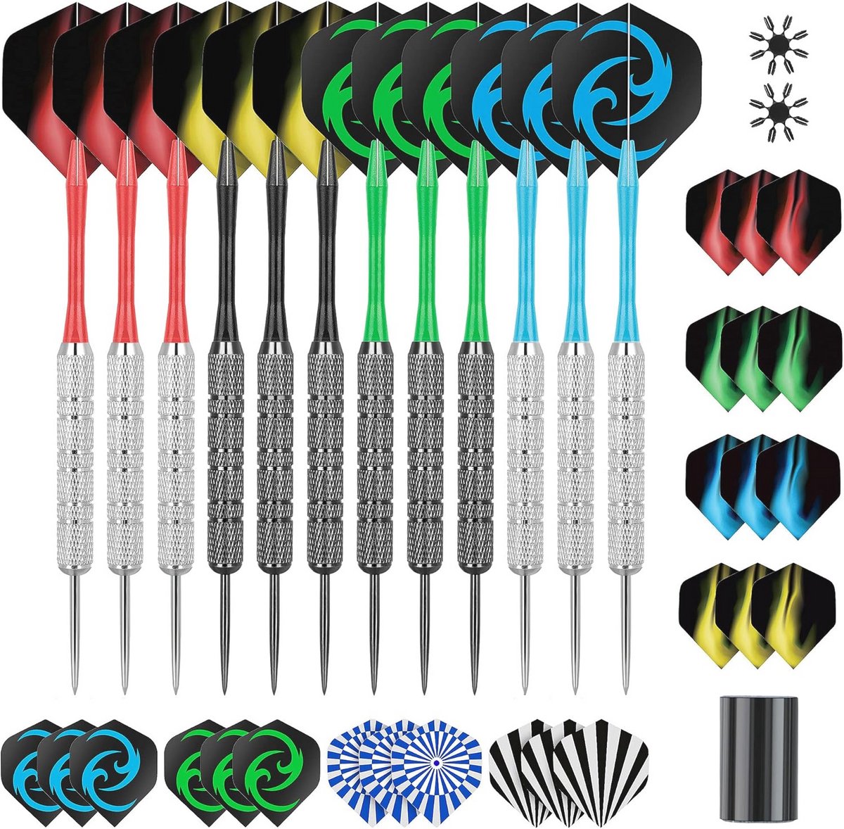 Professionele Metalen Darts Set - 12 Stuks 18 Gram Dartpijlen met Schachten, Extra Vluchten, Vliegbeschermers en Slijper