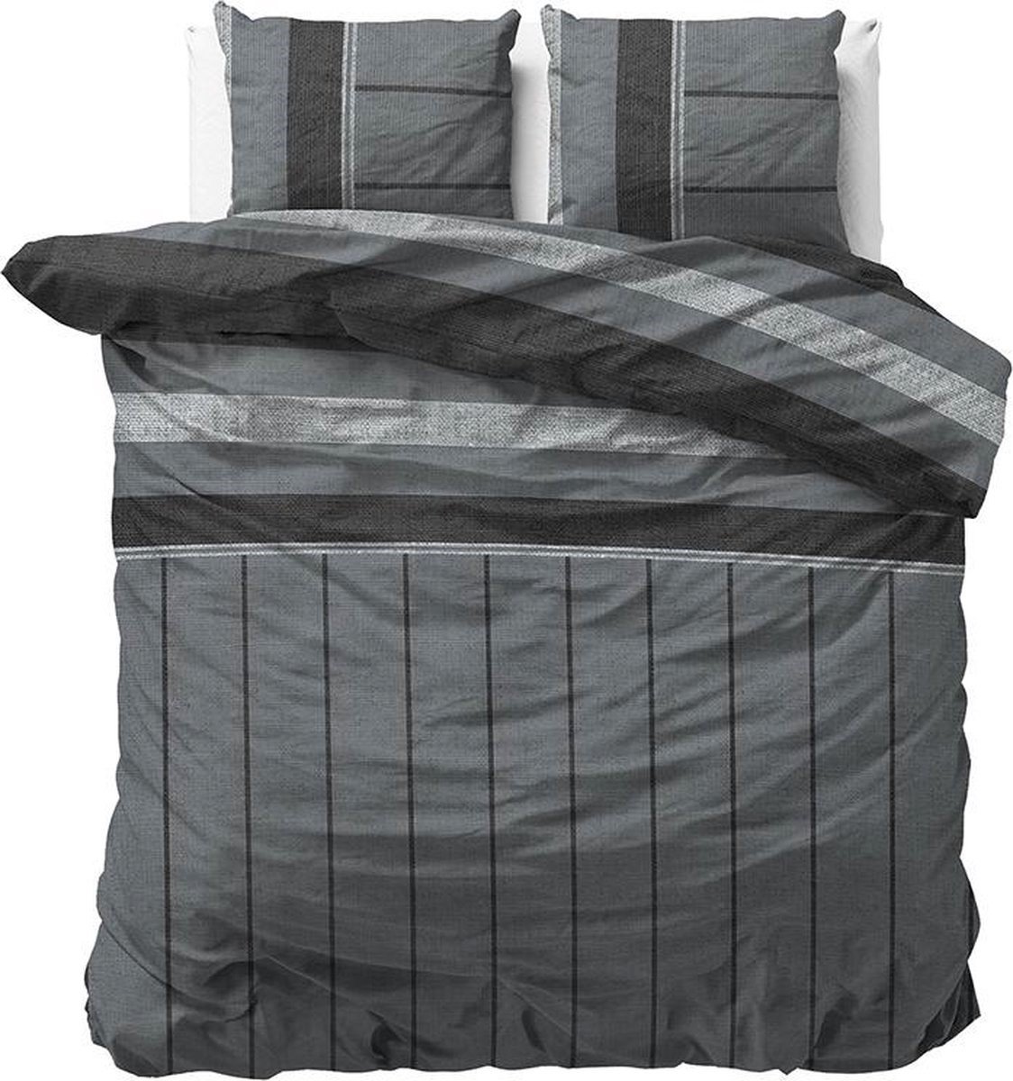 Lits-jumeaux flanellen dekbedovertrek (dekbed hoes) antraciet grijs gestreept (strepen / banen) met subtiel brei motief / patroon FLANEL tweepersoons 240 x 220 cm (warm en zacht voor de winter)