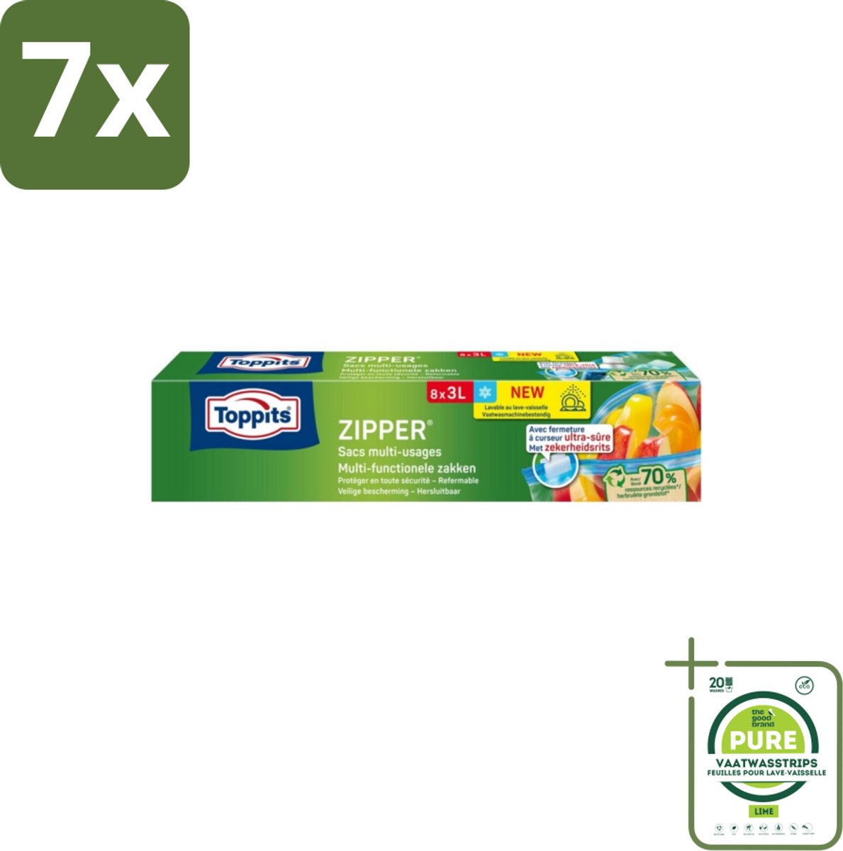 7 x Toppits – Zipper Multifunctionele Zakken – 3 Liter – 8 Zakjes - Grootverpakking - Zipper Zakken - Lekvrij - Herbruikbaar - Marineren - Etenswaren Bewaren