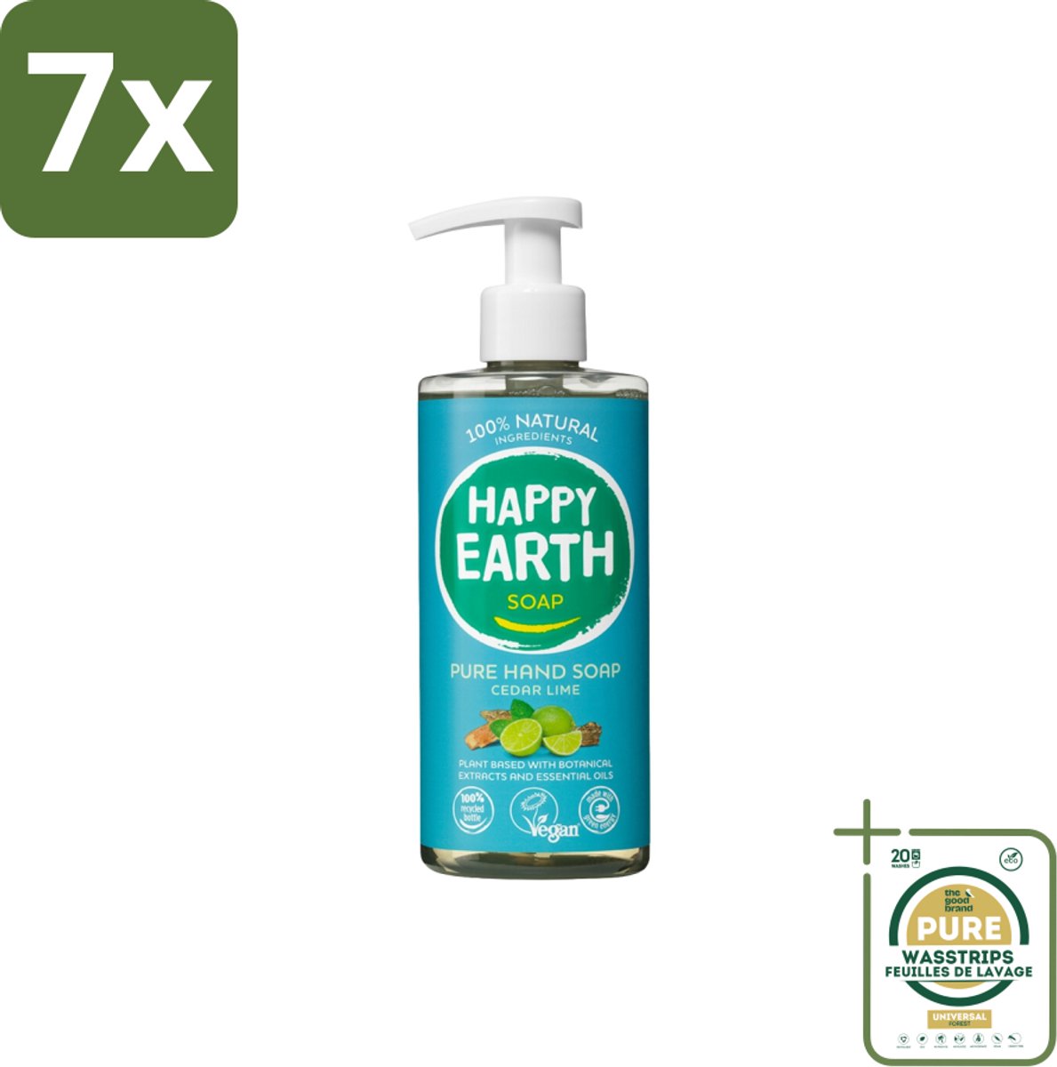 7 x Happy Earth – Handzeep – 100% Natuurlijk Cedar Lime – 300 ml - Grootverpakking - Natuurlijke Handzeep - Vegan Handzeep - Antibacteriële Handzeep - Ceder Lime Handzeep - Handzeep Met Essentiële Oliën