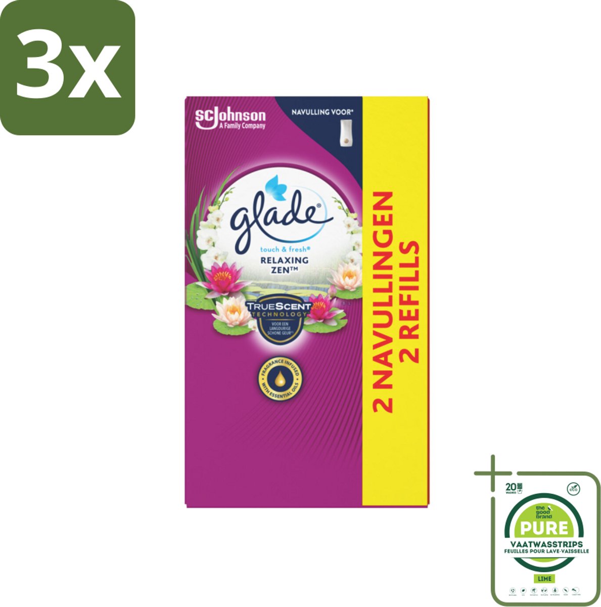 3 x Glade – Touch & Fresh Navulling – Relaxing Zen – 10 ml - Grootverpakking - Luchtverfrisser - Ontspannende Geur - Frisse Geur - Sandelhout - Appel