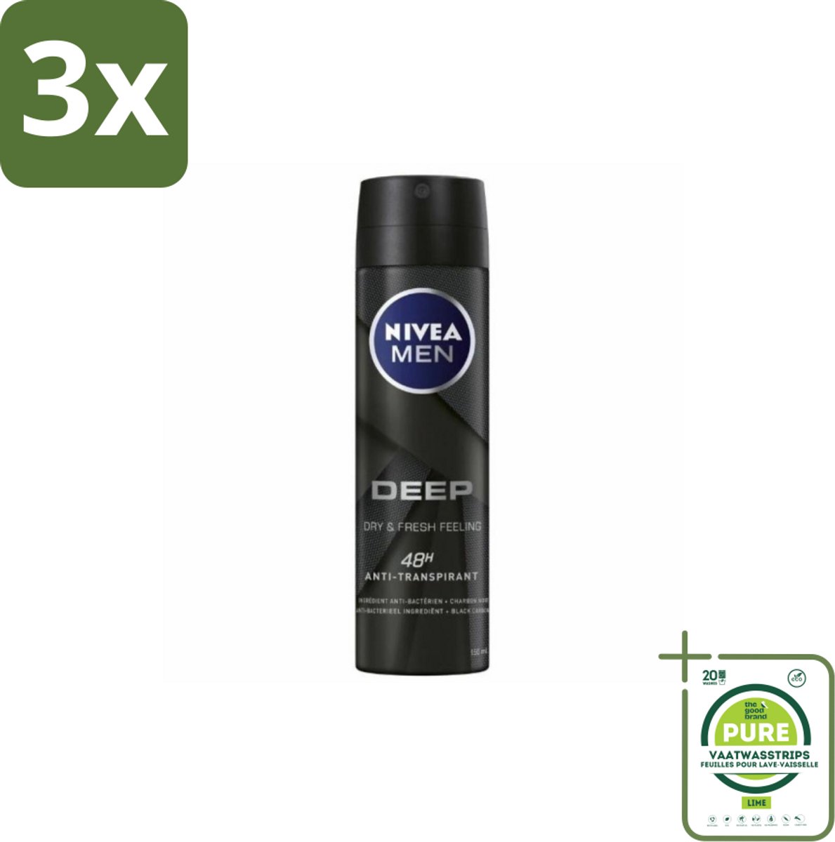 3 x NIVEA MEN – Deodorant spray – Deep – 150 ml - Grootverpakking - Anti-transpirant Spray - Zweetgeur - Droge Huid - 48 Uur Bescherming - Black Carbon
