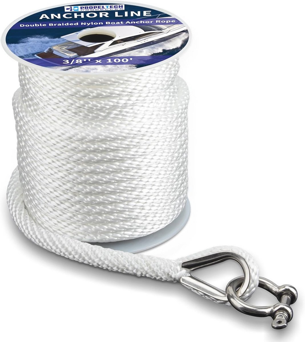 Gevlochten Ankerlijn Wit 3/8" x 100" - Premium Mariene Boottoebehoren met Roestvrijstalen Vingerhoed en Beugel