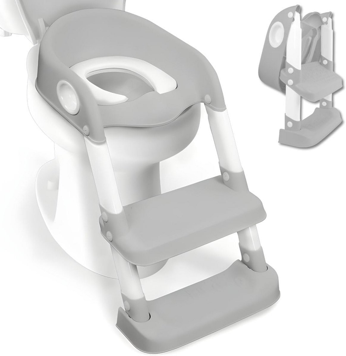 Toiletbril voor kinderen met trap | Antislip | In hoogte verstelbaar | Opvouwbaar | Grijs en Wit