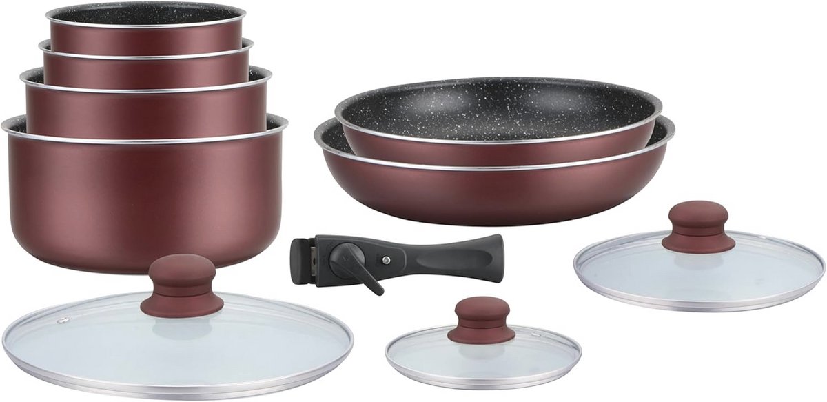 Pannenset met steencoating, Afneembare steel, 10 st, Bordeaux Kleur